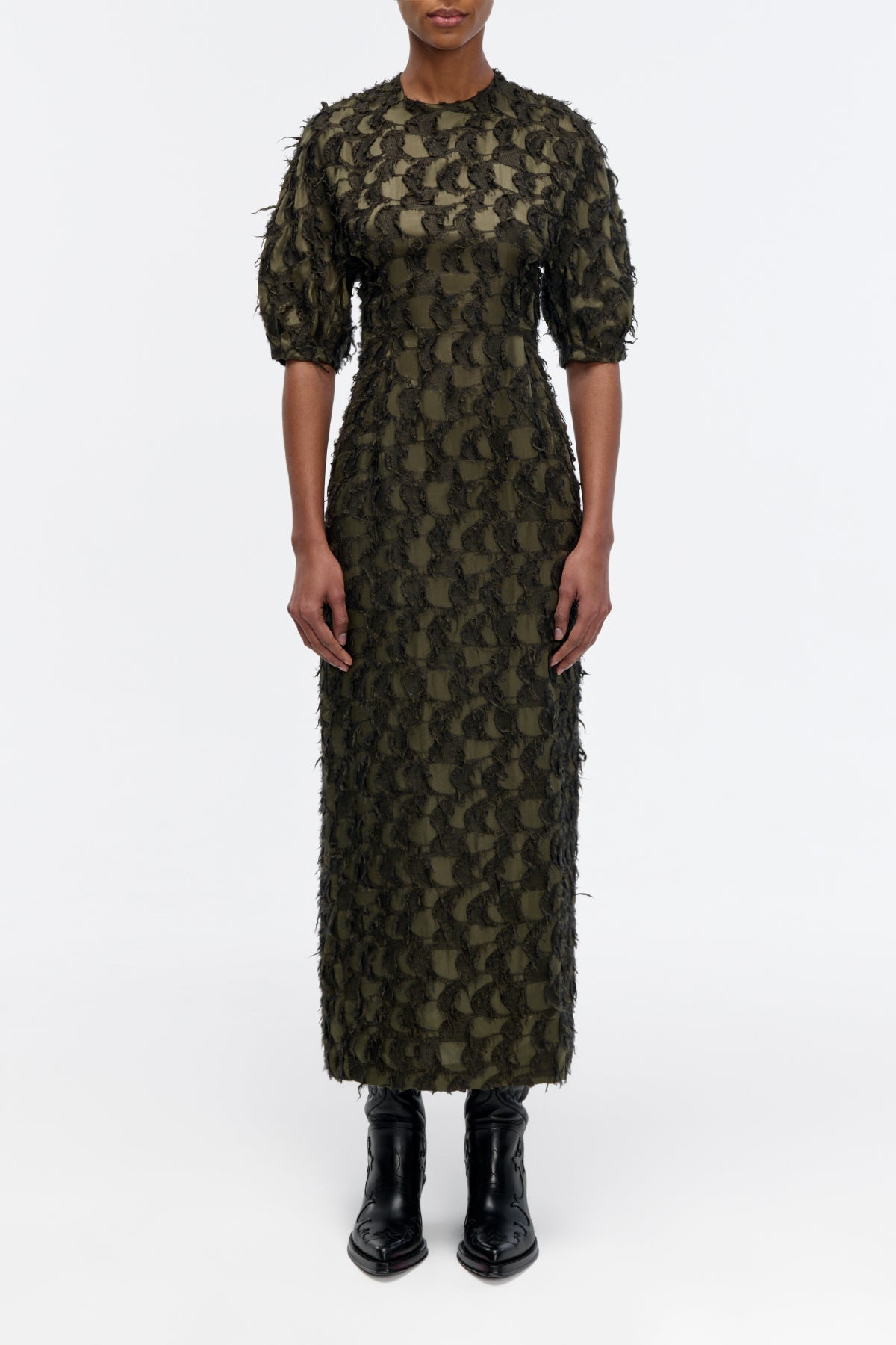 Coretta Dress in Olive Silk Wool Fil Coupé