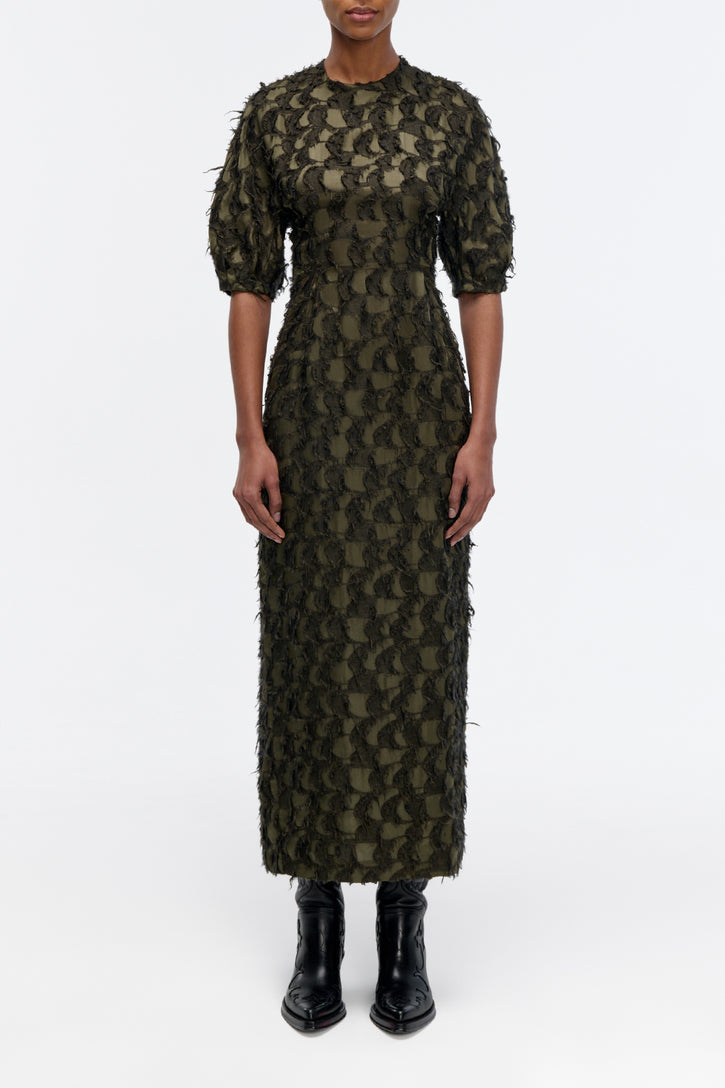 Coretta Dress in Deep Olive Silk Wool Fil Coupé