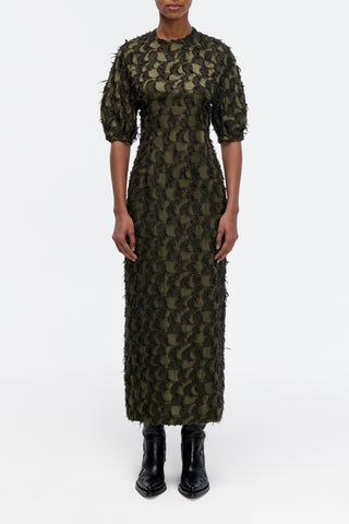 Coretta Dress in Deep Olive Silk Wool Fil Coupé