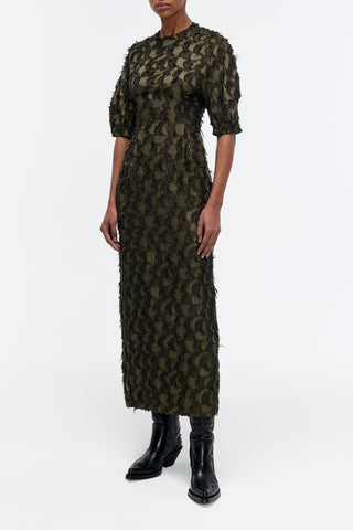 Coretta Dress in Deep Olive Silk Wool Fil Coupé