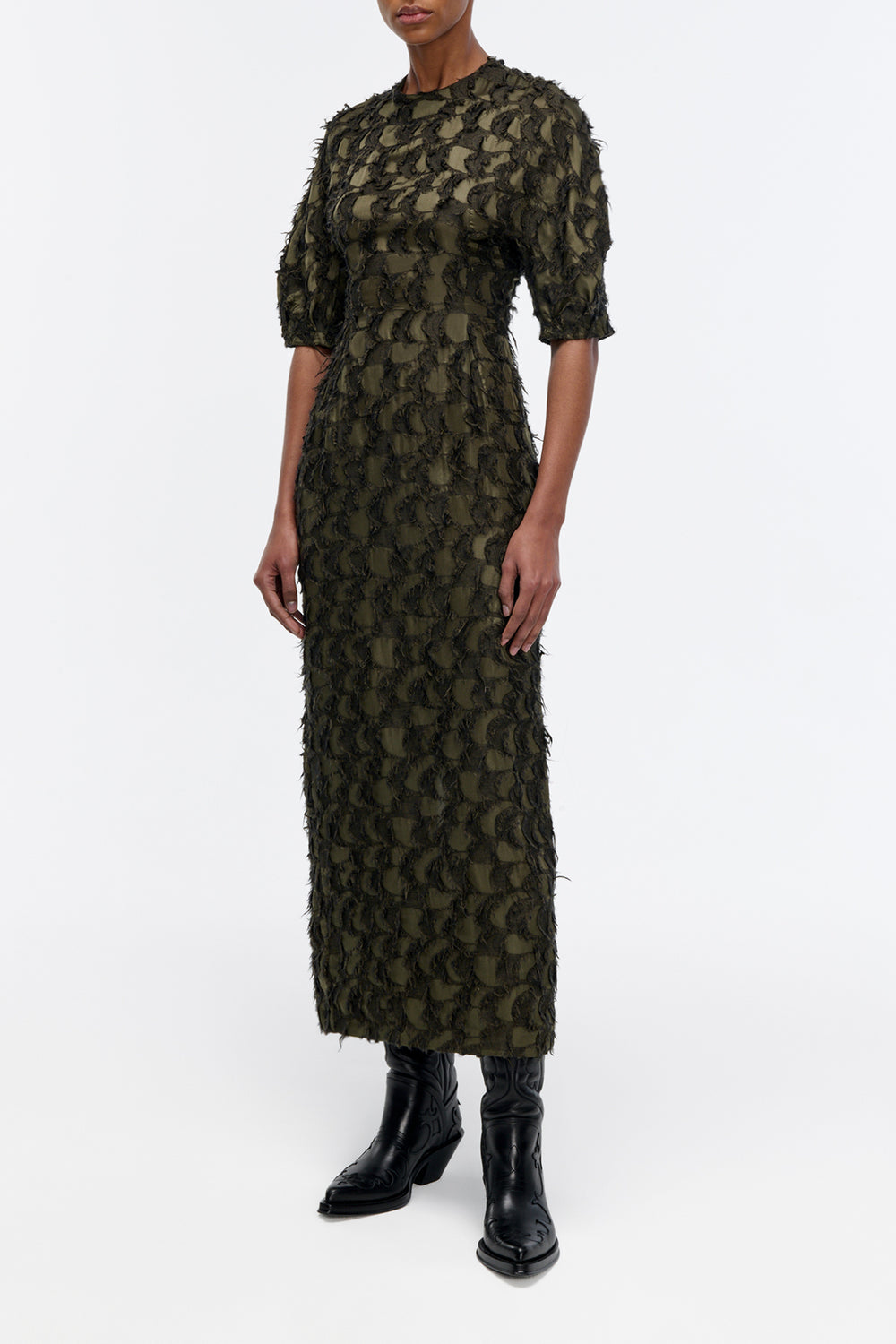 Coretta Dress in Olive Silk Wool Fil Coupé