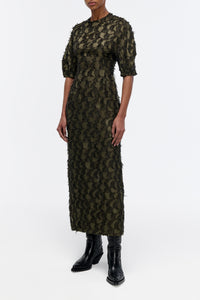 Coretta Dress in Olive Silk Wool Fil Coupé
