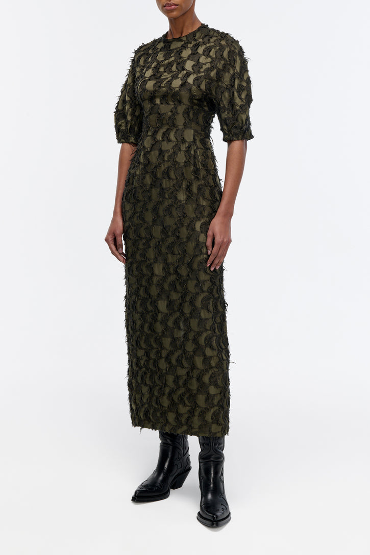 Coretta Dress in Deep Olive Silk Wool Fil Coupé