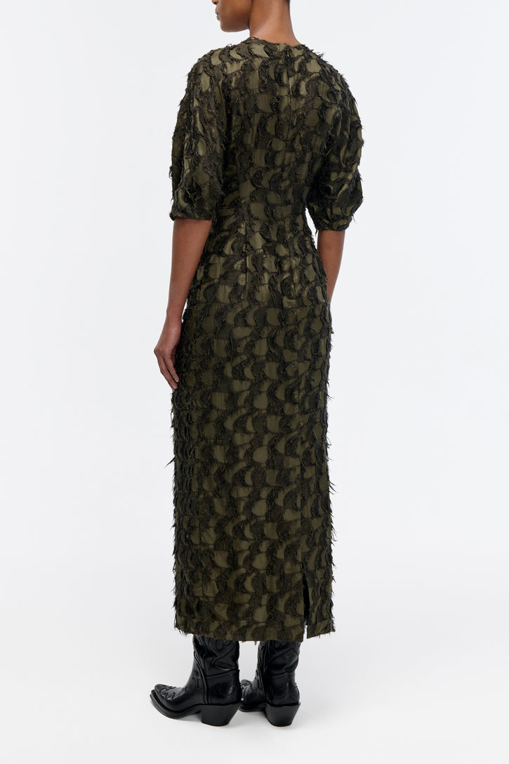 Coretta Dress in Deep Olive Silk Wool Fil Coupé