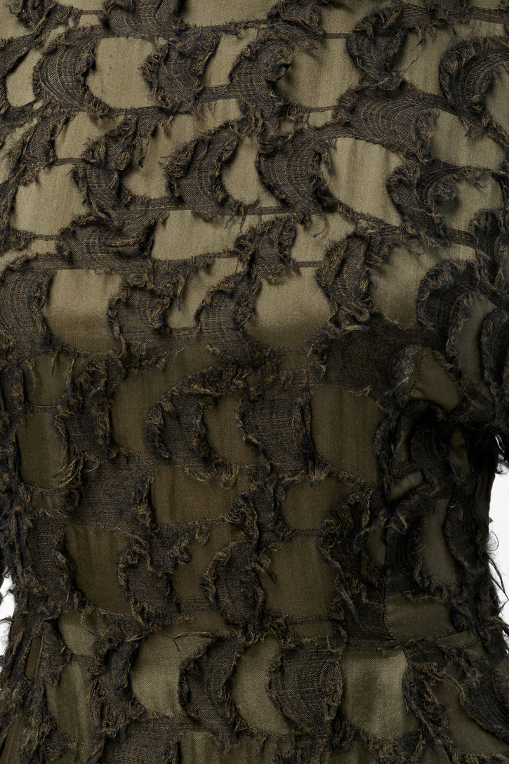 Coretta Dress in Deep Olive Silk Wool Fil Coupé