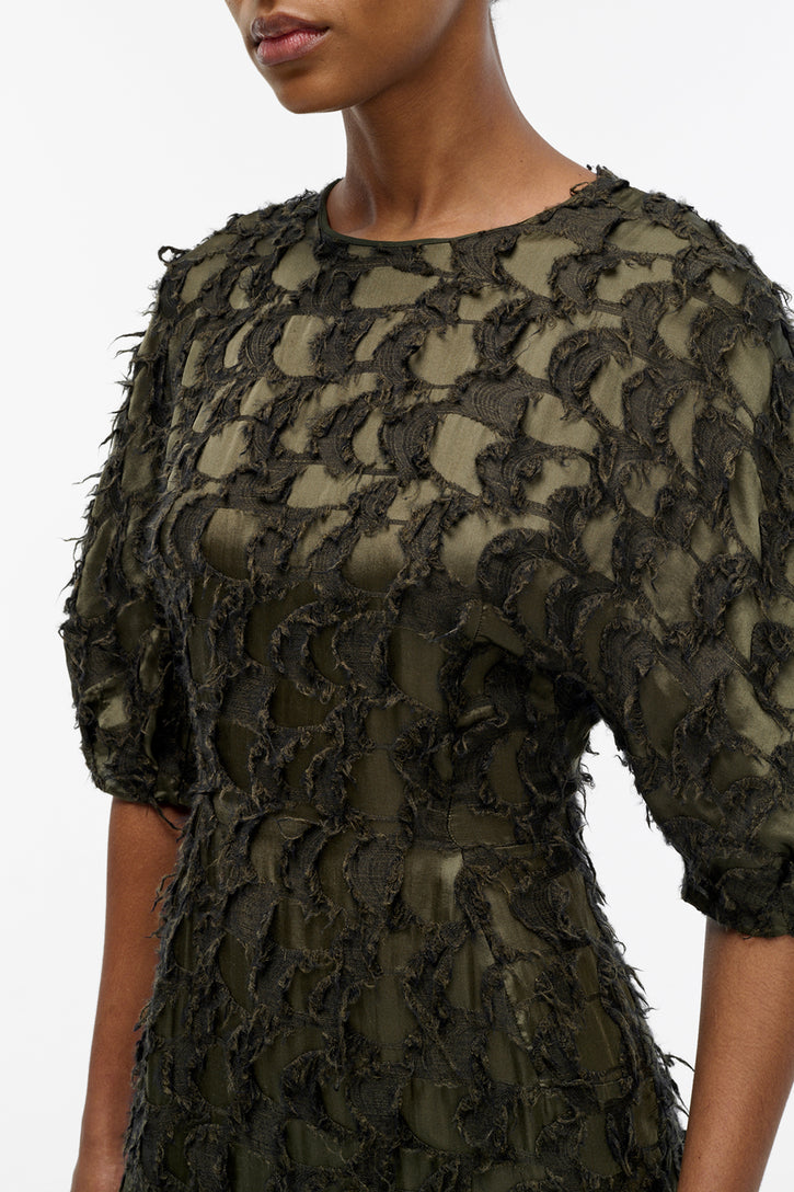 Coretta Dress in Deep Olive Silk Wool Fil Coupé