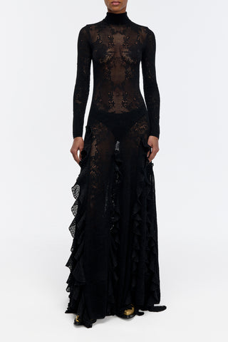 Solway Pointelle Knit Lace Dress in Black Silk Merino Wool with Custom Ruffles