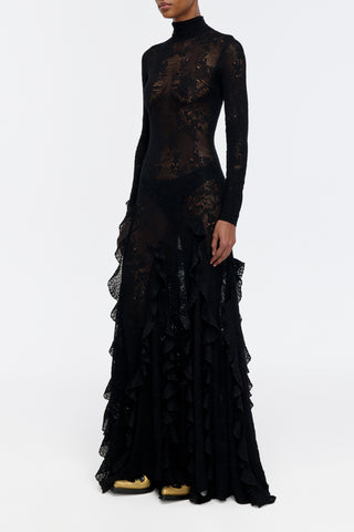 Solway Pointelle Knit Lace Dress in Black Silk Merino Wool with Custom Ruffles