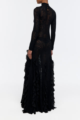 Solway Pointelle Knit Lace Dress in Black Silk Merino Wool with Custom Ruffles
