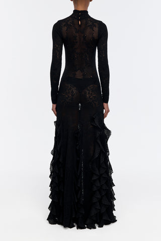 Solway Pointelle Knit Lace Dress in Black Silk Merino Wool with Custom Ruffles