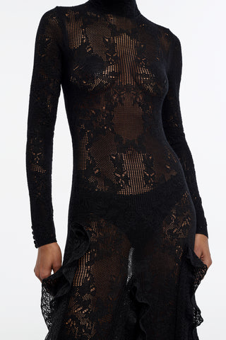 Solway Pointelle Knit Lace Dress in Black Silk Merino Wool with Custom Ruffles