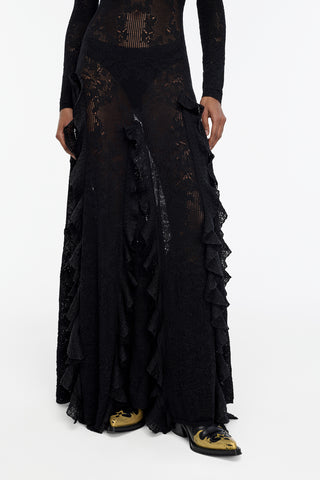 Solway Pointelle Knit Lace Dress in Black Silk Merino Wool with Custom Ruffles