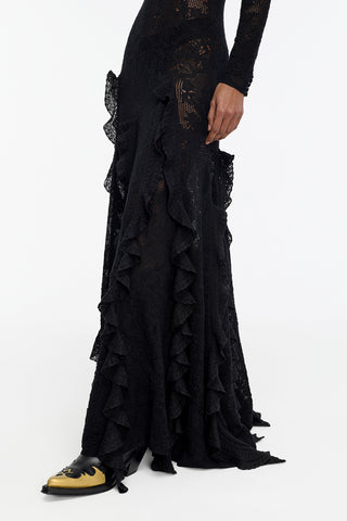 Solway Pointelle Knit Lace Dress in Black Silk Merino Wool with Custom Ruffles