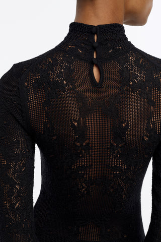 Solway Pointelle Knit Lace Dress in Black Silk Merino Wool with Custom Ruffles