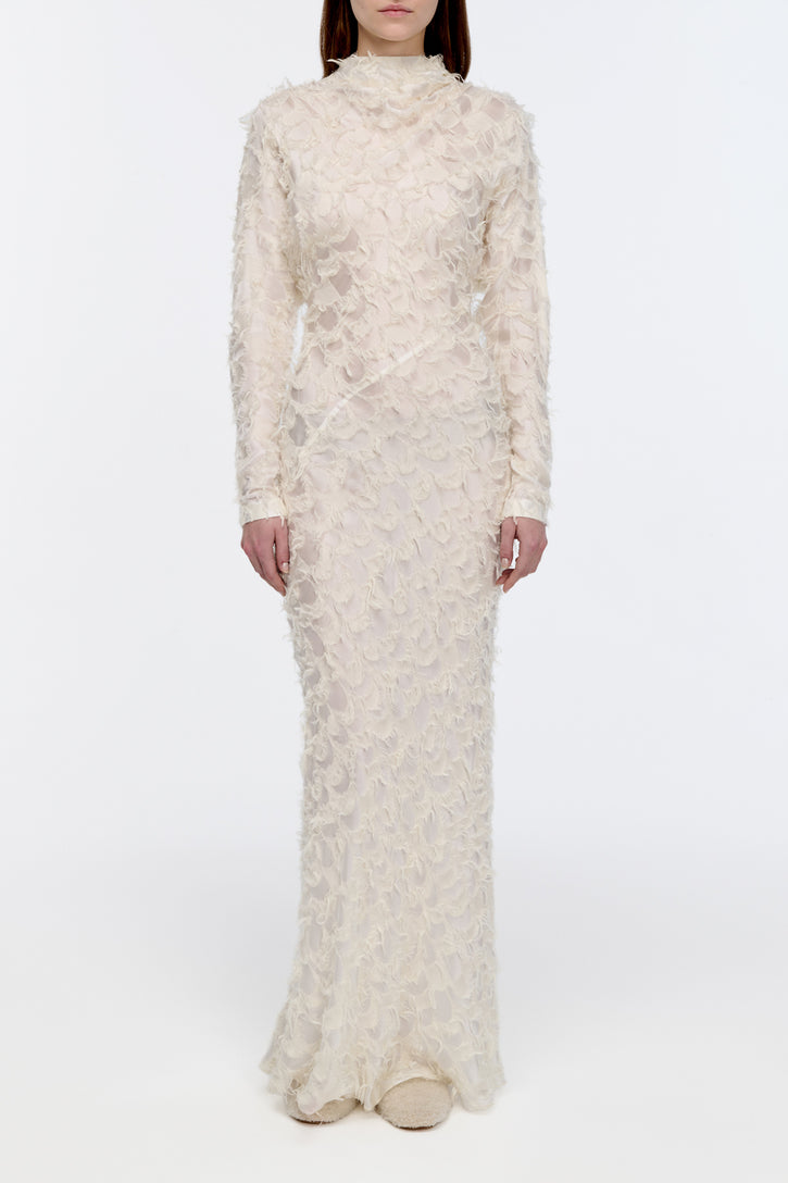 Aberdeen Dress in Ivory Silk Wool Fil Coupé