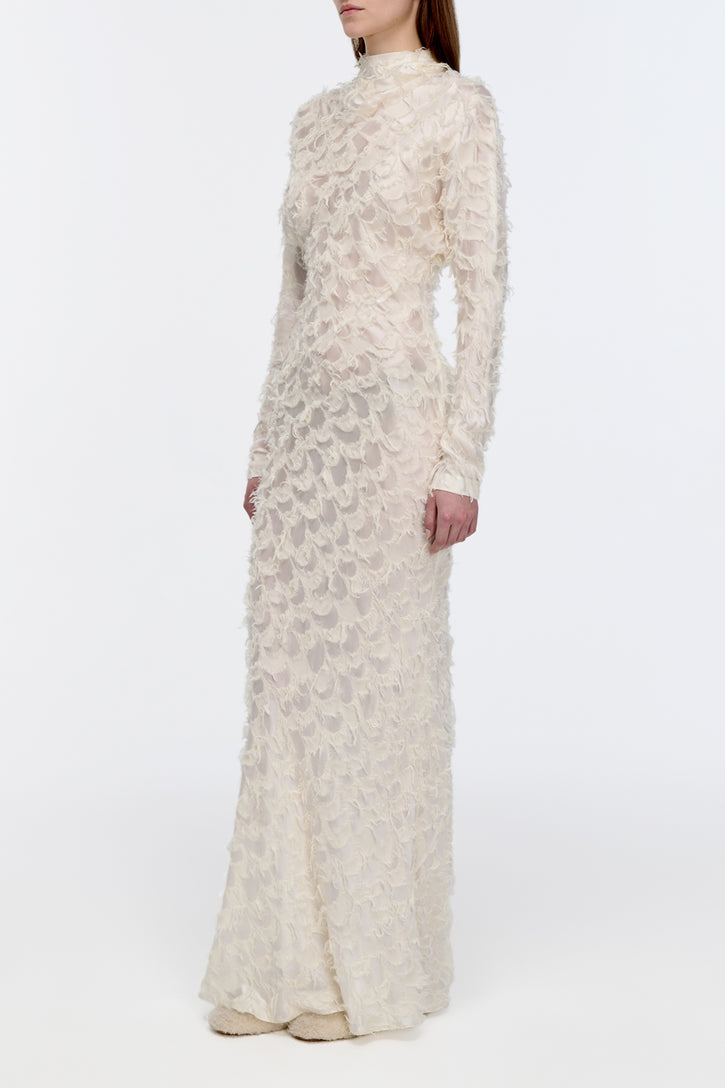 Aberdeen Dress in Ivory Silk Wool Fil Coupé