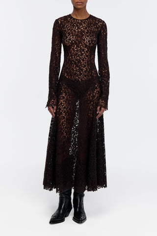 Mabel Dress in Chocolate Floral Cashmere Lace with Suede Lace Cuffs
