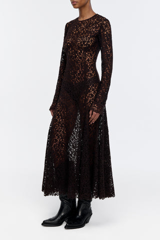 Mabel Dress in Chocolate Floral Cashmere Lace with Suede Lace Cuffs