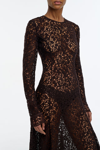 Mabel Dress in Chocolate Floral Cashmere Lace with Suede Lace Cuffs