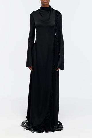 Anne Dress in Black Silk Satin with Silk Macrame
