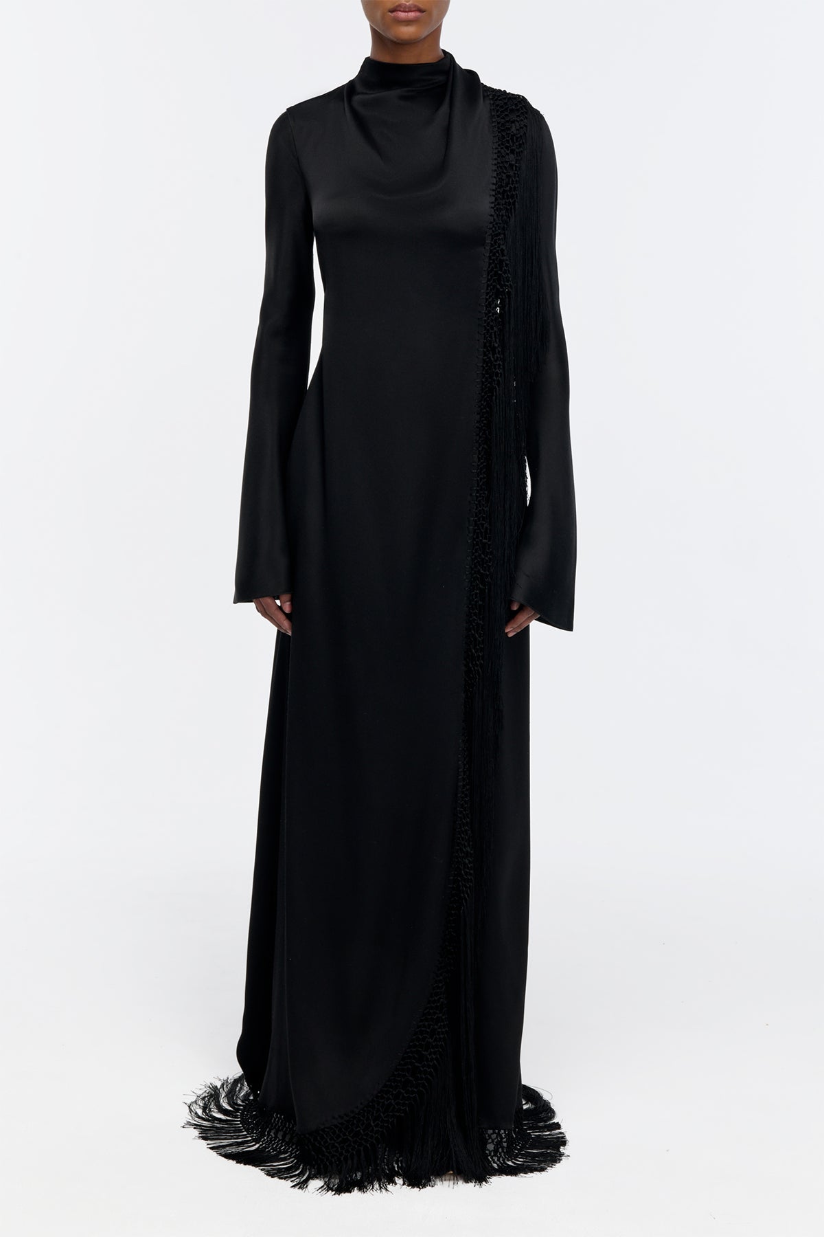 Anne Macrame Dress in Black Silk Satin
