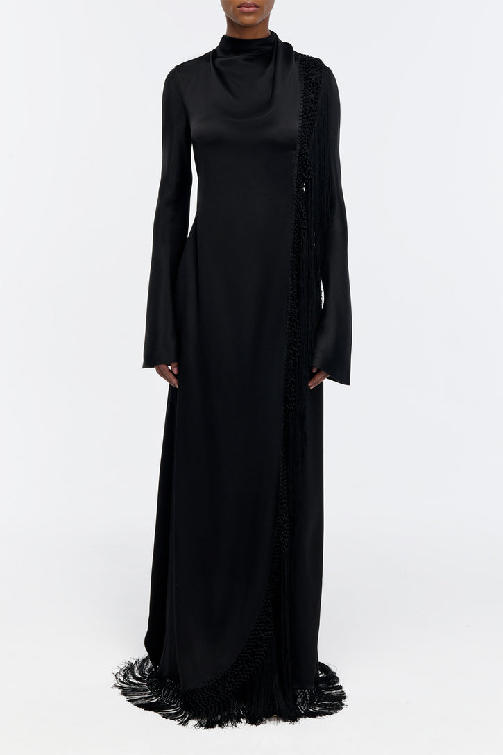 Anne Macrame Dress in Black Silk Satin