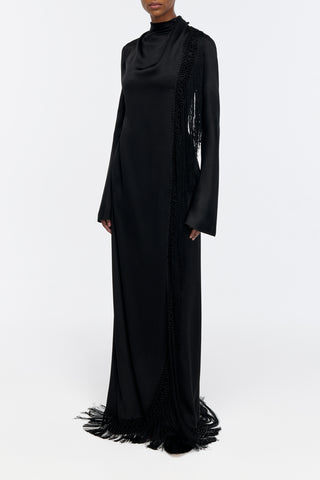 Anne Dress in Black Silk Satin with Silk Macrame