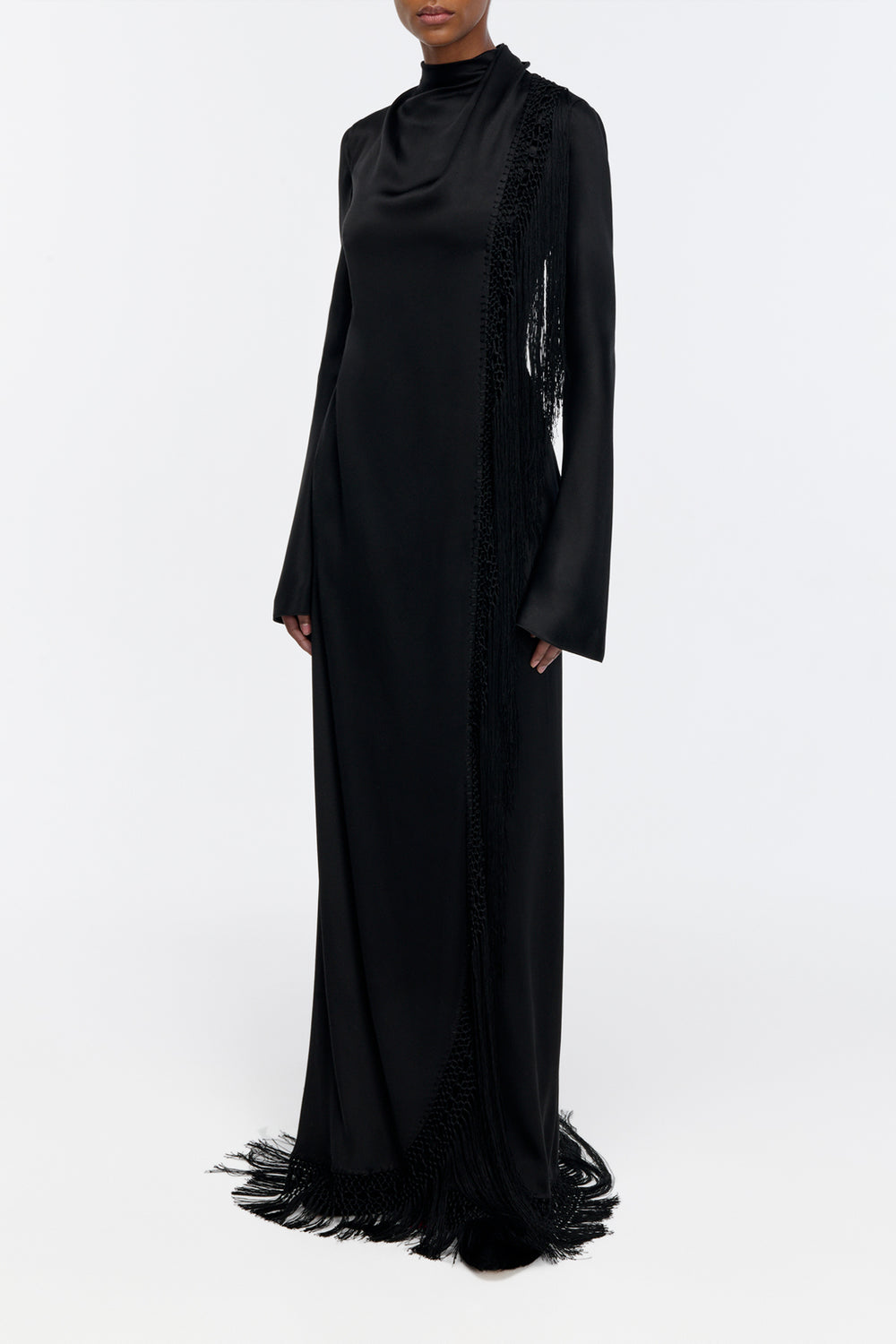 Anne Macrame Dress in Black Silk Satin