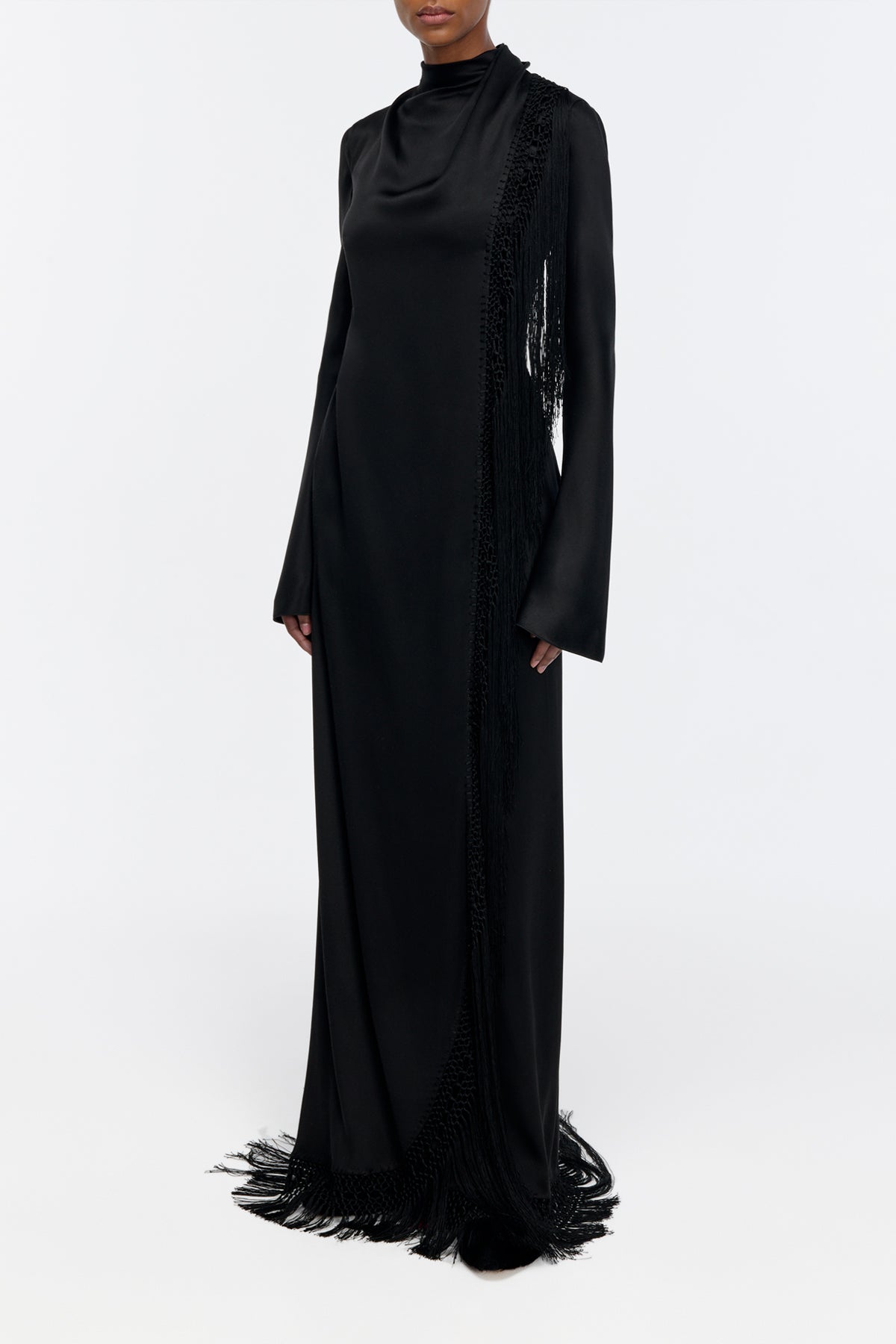 Anne Macrame Dress in Black Silk Satin