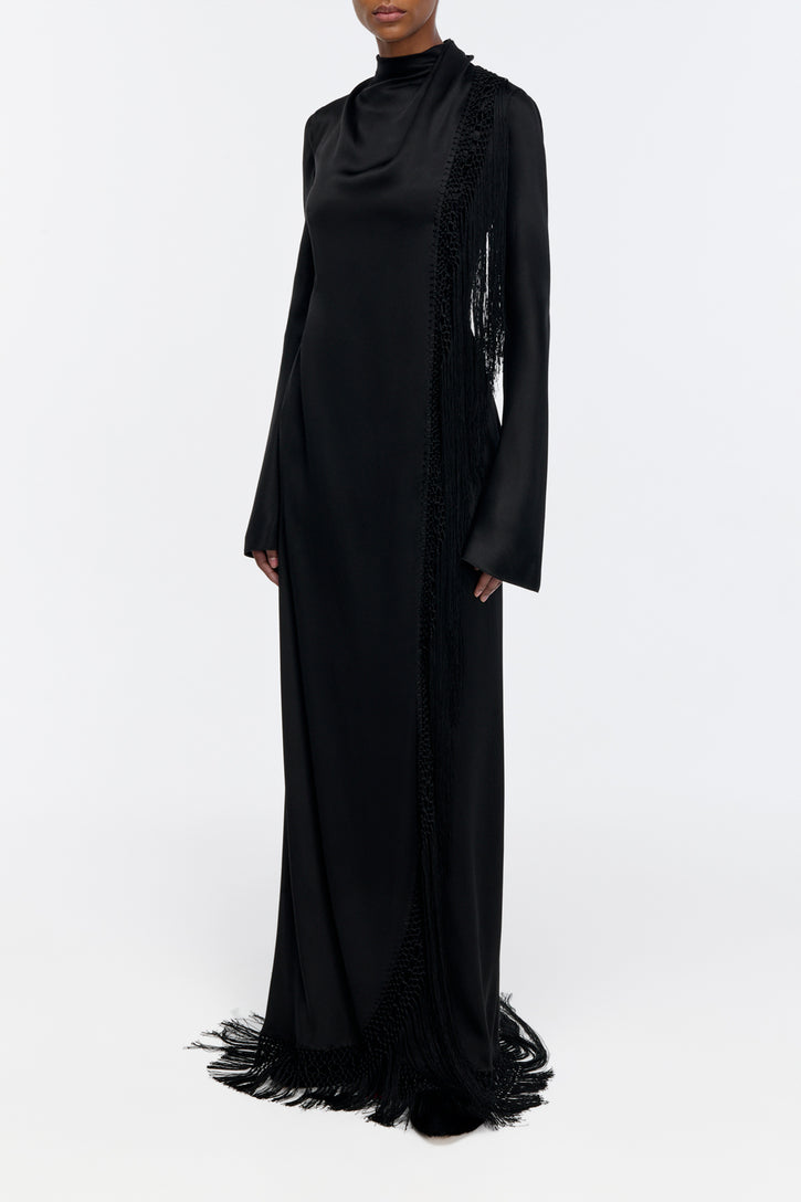 Anne Macrame Dress in Black Silk Satin