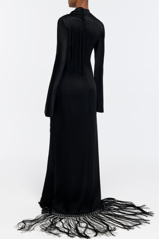 Anne Dress in Black Silk Satin with Silk Macrame