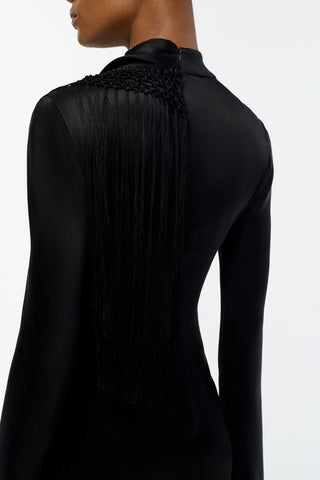 Anne Dress in Black Silk Satin with Silk Macrame
