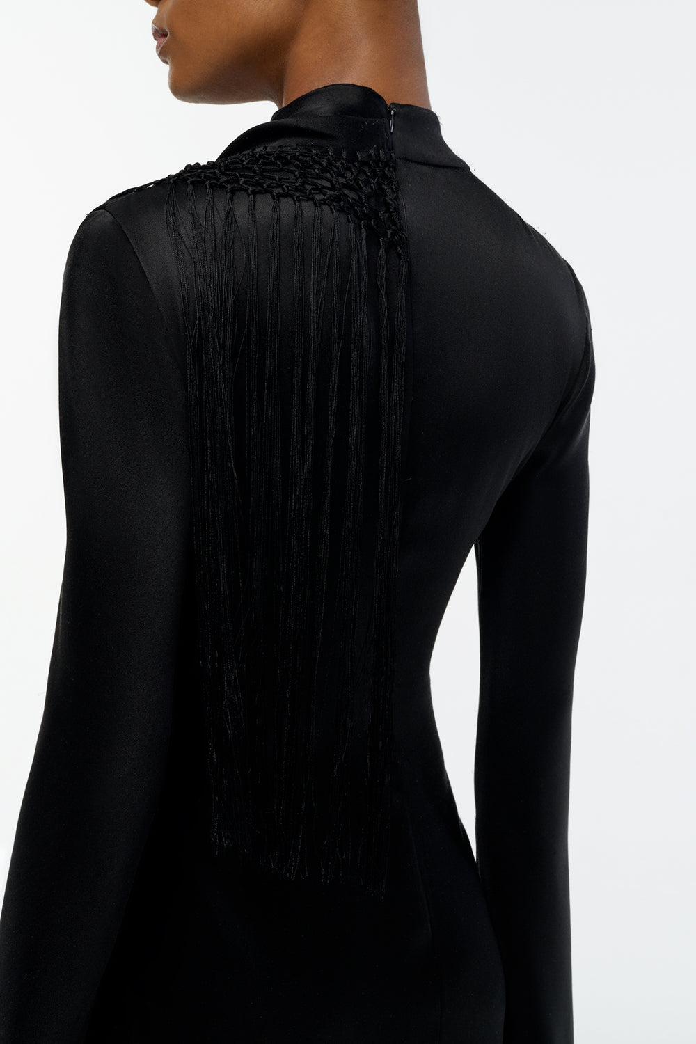 Anne Macrame Dress in Black Silk Satin