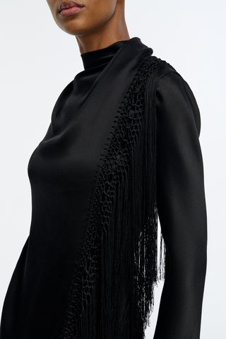 Anne Dress in Black Silk Satin with Silk Macrame