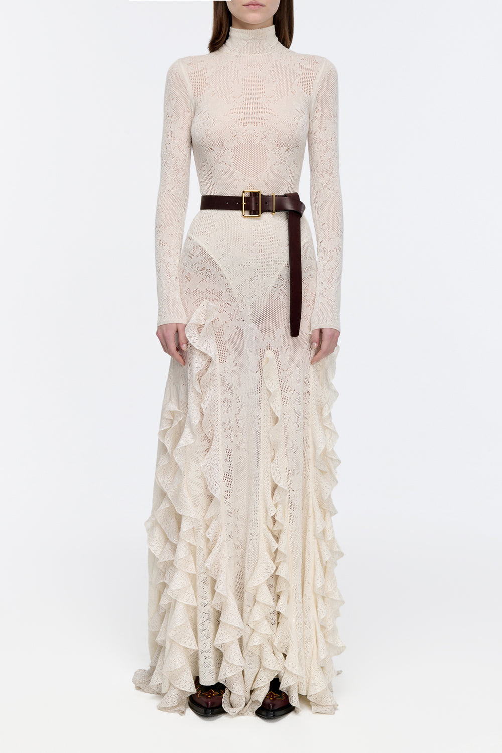 Garnet Pointelle Knit Lace Skirt in Ivory Silk Merino Wool with Custom Ruffles