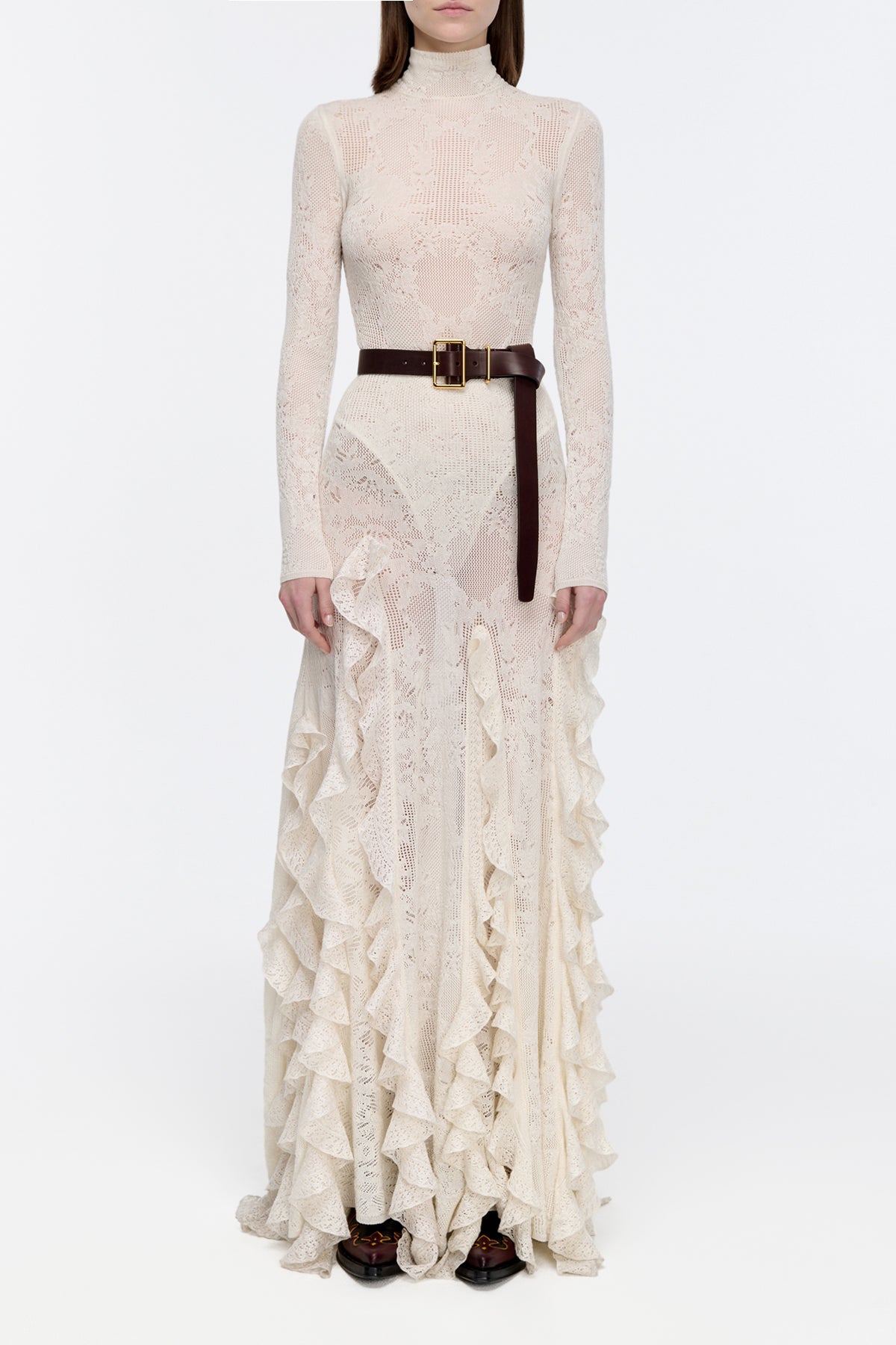 Garnet Pointelle Knit Lace Skirt in Ivory Silk Merino Wool with Custom Ruffles