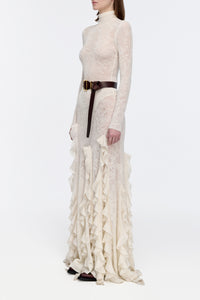 Garnet Pointelle Knit Lace Skirt in Ivory Silk Merino Wool with Custom Ruffles