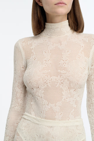 Feal Pointelle Knit Lace Bodysuit in Ivory Silk Merino Wool