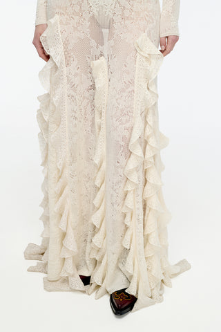 Garnet Pointelle Knit Lace Skirt in Ivory Silk Merino Wool with Custom Ruffles
