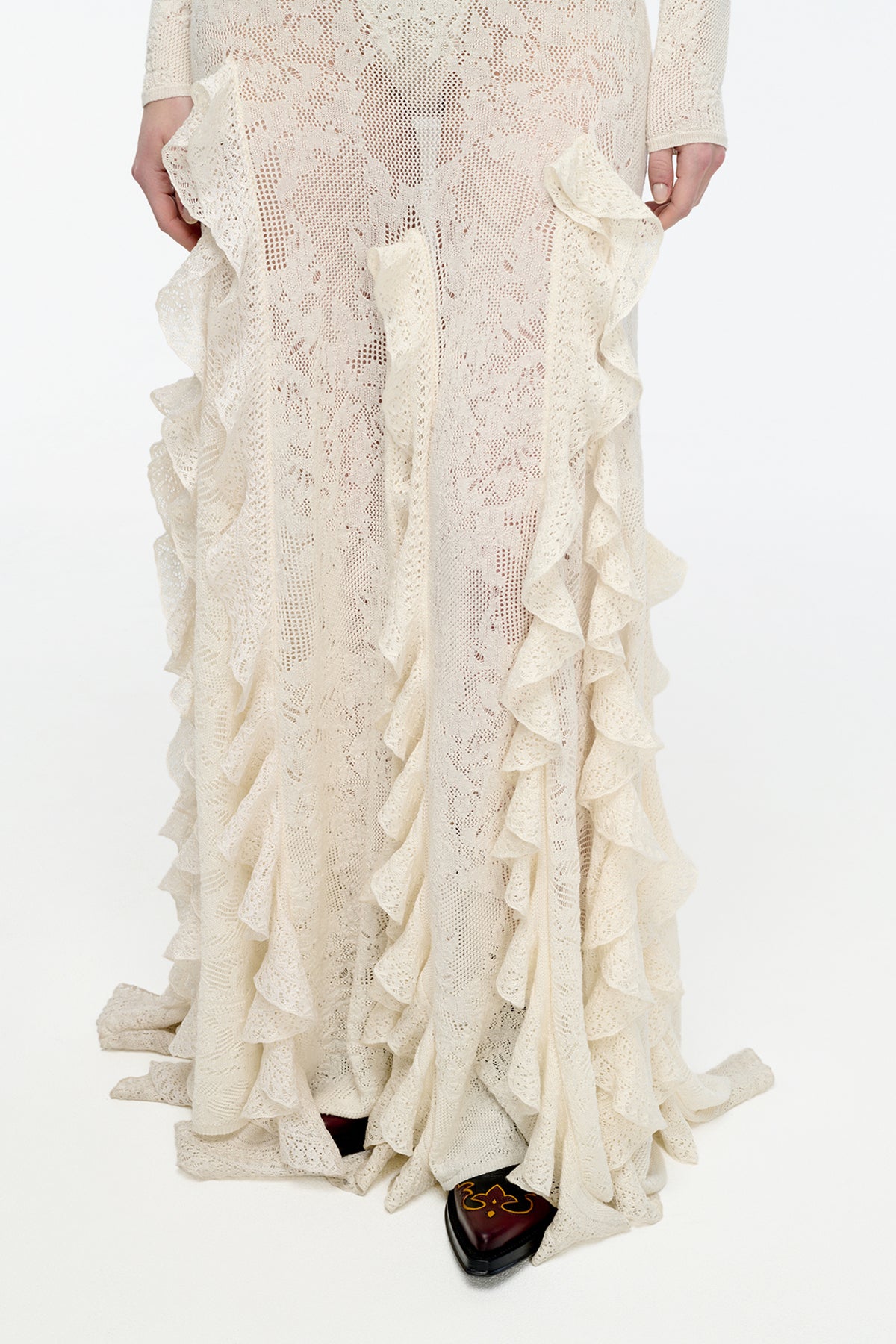 Garnet Pointelle Knit Lace Skirt in Ivory Silk Merino Wool with Custom Ruffles