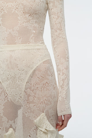 Garnet Pointelle Knit Lace Skirt in Ivory Silk Merino Wool with Custom Ruffles