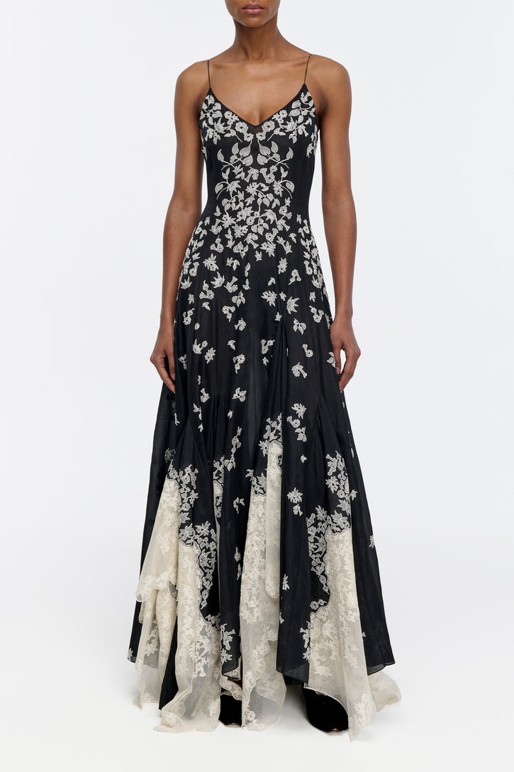 Neville Embroidered Slip Dress in Black Multi Silk Organza