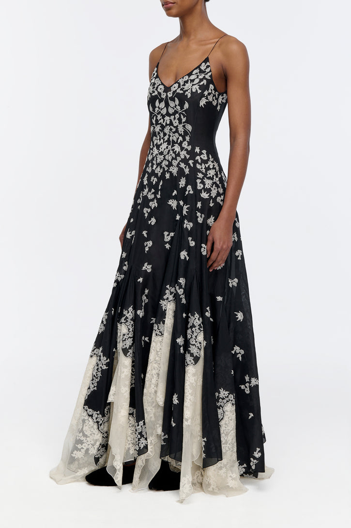 Neville Embroidered Slip Dress in Black Multi Silk Organza