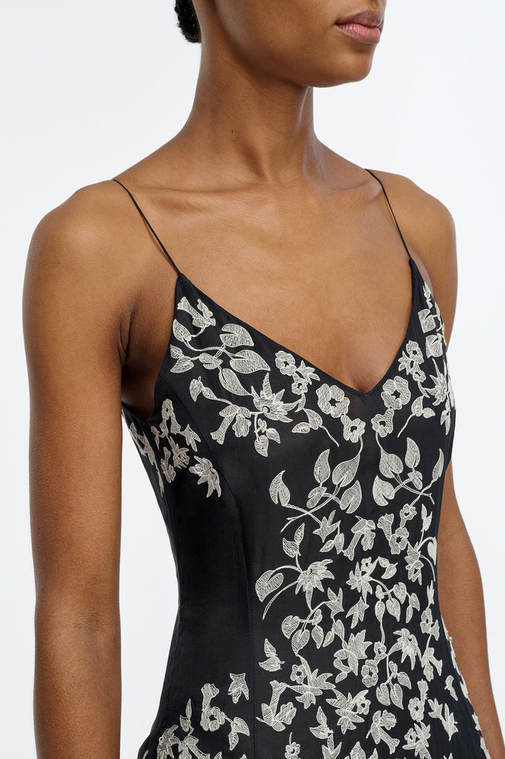 Neville Embroidered Slip Dress in Black Multi Silk Organza
