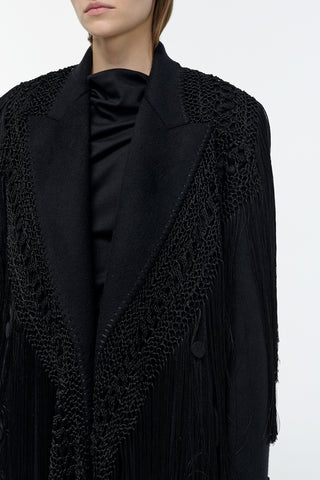Mcaffrey Fringe Coat in Black Double-face Recycled Cashmere with Silk Macrame