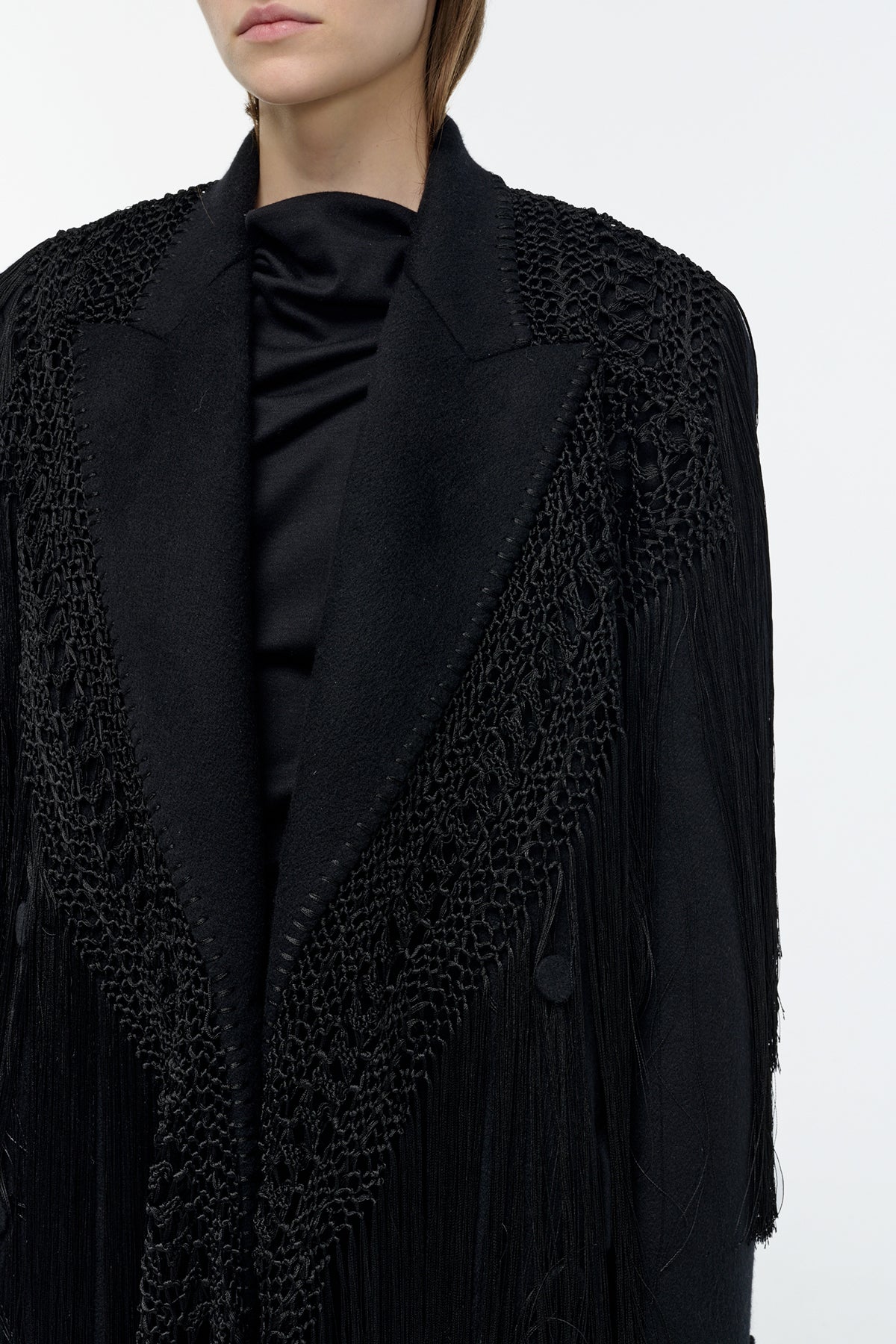 Mcaffrey Coat in Black Double-face Recycled Cashmere with Silk Macrame