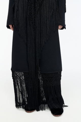 Mcaffrey Fringe Coat in Black Double-face Recycled Cashmere with Silk Macrame