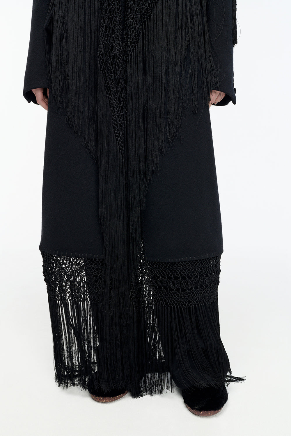 Mcaffrey Coat in Black Double-face Recycled Cashmere with Silk Macrame