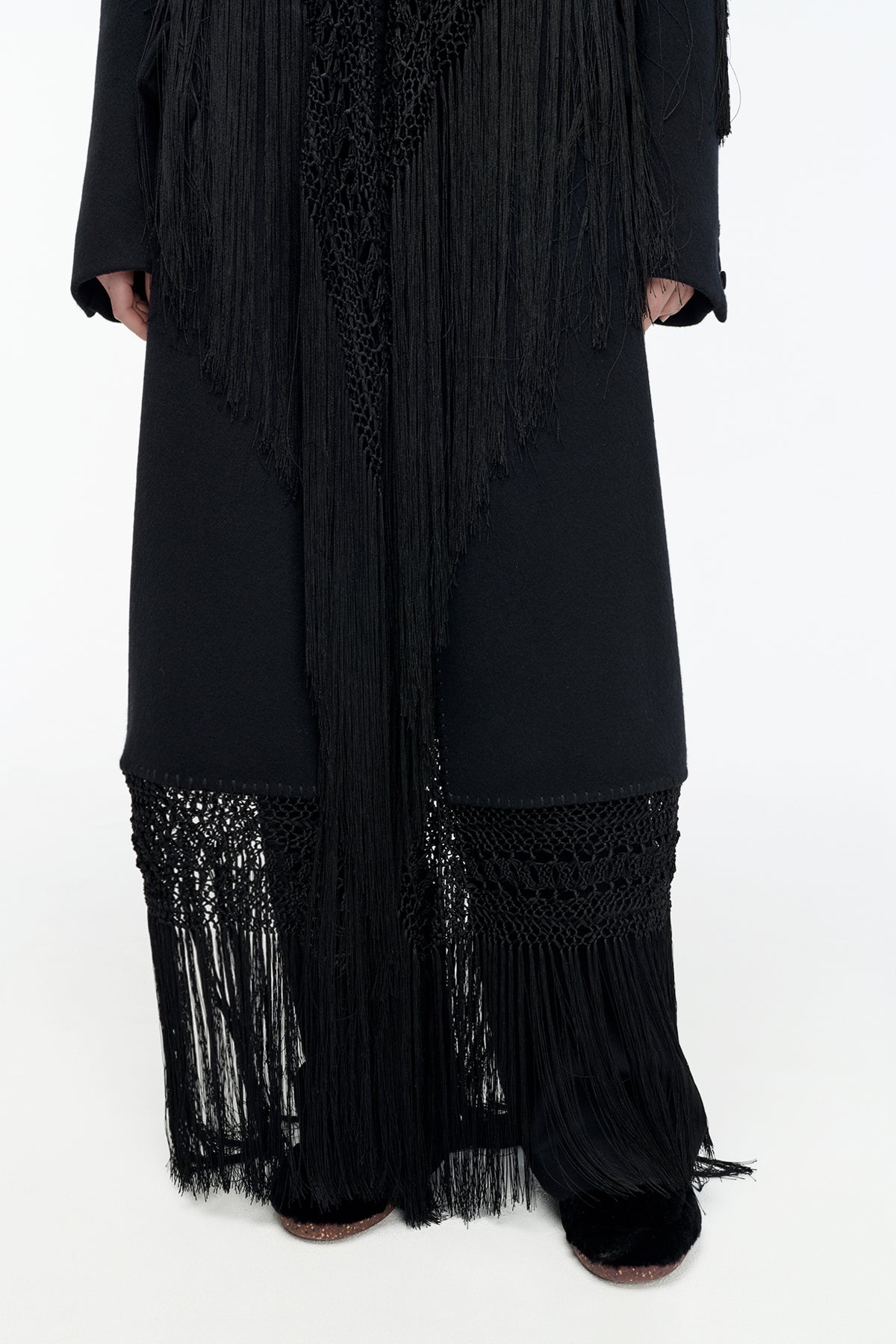 Mcaffrey Coat in Black Double-face Recycled Cashmere with Silk Macrame
