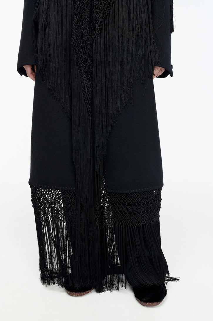 Mcaffrey Coat in Black Double-face Recycled Cashmere with Silk Macrame